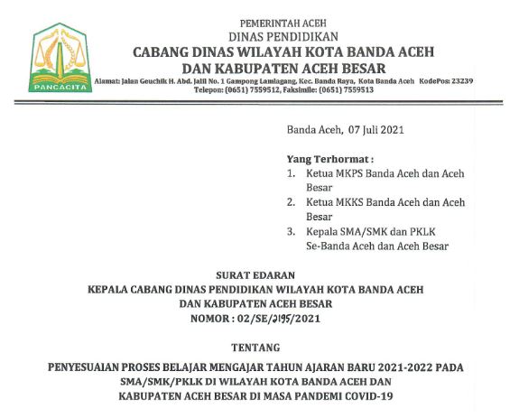 Surat Edaran Kepala Cabang Dinas Pendidikan Wilayah Kota Banda Aceh & Kab. Aceh Besar